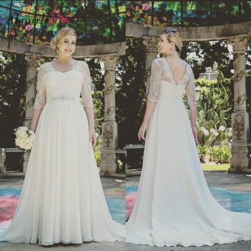 Elegant Appliques Beading Wedding Dress Plus Size Backless Illusion Half Sleeves Bridal Dresses Simple Wedding Dress 2020