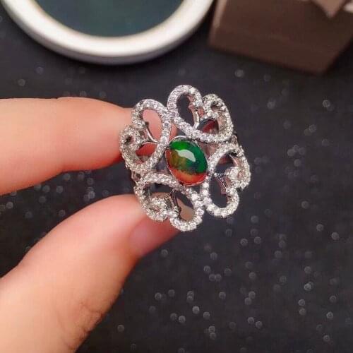 Vintage Luxury Silver Gemstone Ring for Party 6mm*8mm Black Opal Silver Ring 925 Sterling Silver Opal Jewelry