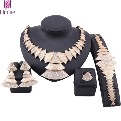 African Jewelry Set Gold Color Crystal Necklace Earring Ring Party Engagement Anniversary Wedding Jewelry Sets Gifts For Women
