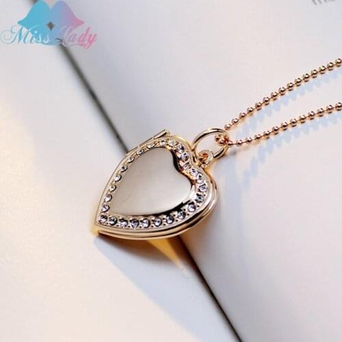Miss Lady Trendy Crystal Love locket pendant necklace Photo Frame pendant Gold Silver Heart jewelry necklace gifts MLY63N
