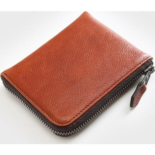 Cow Leather Men Wallet with Coin Pocket Vintage Mens Wallets Card Holder Luxury Handmade Genuine Leather Zipper Purse for Men