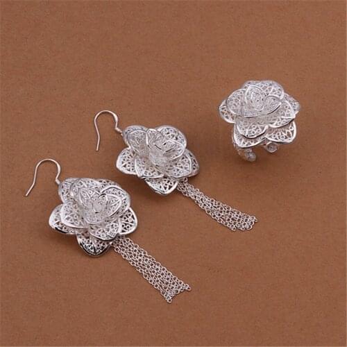 New high quality silver color jewelry set fashion charm Refined elegant hollow big flowers Dangle Earrings Ring S441