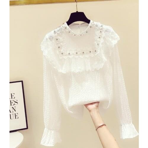 2020 Autumn New Ruffled Mesh Stitching Diamond Pleated Long-Sleeved Shirt Womens Stand Collar Shirt Blouse Girls Cotton Blouses