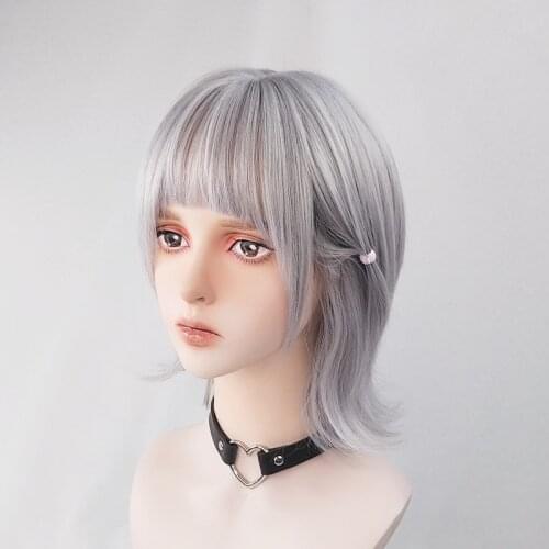 Silver Grey Mullet Hair Harajuku Cool Wig Shoulder Short Curly Hair Gray Kawaii Lolita Adult Chic Girls Women Cosplay Daily Wear