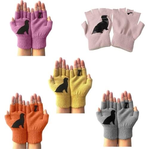 Women Winter Knitted Fingerless Gloves Kawaii Puppy Dog Bone Print Warm Mittens