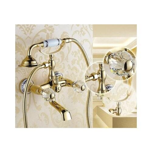 Luxury Crystal Handwheel Gold Bathroom Bathtub Shower Faucet Set Diverter Spray Mixer Tap Wall Mounted Brass Valve Accessories