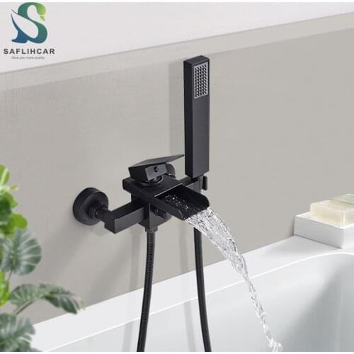 Matte Black Bathroom Bathtub Faucet Waterfall Faucet With Hand Shower Hot and Cold Water Mixer Taps Wall-mounted Bathtub Faucet
