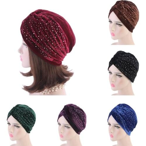 Rhinestone Velvet Turban India Hat Stretchy Twist Solid Color Hijab Chemo Cap Head Wraps Elastic Twist Ladies Elegant Headwear