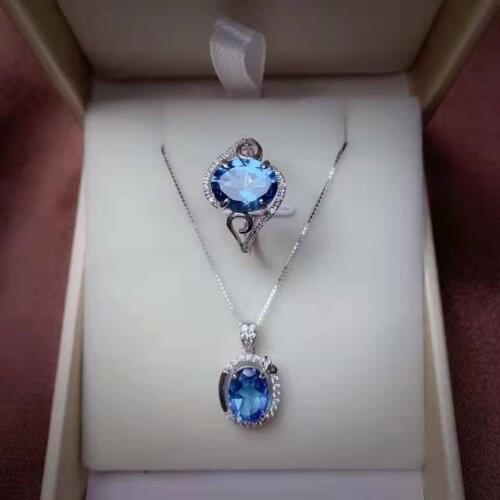 High Quality Blue Topaz Ring Pendant Necklace Set S925 Pure Silver Fine Fashion Wedding Jewelry for Women Free Shipping