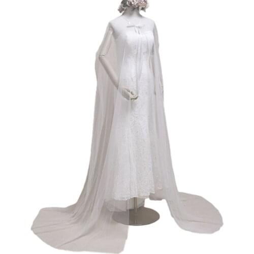 Minimalist Women Tulle Mesh Wedding Long Cape Floor Cathedral Length White Bridal Wrap Jacket Evening Party Sheer Shawl Cloak