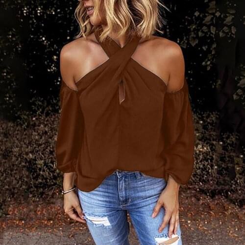 Women Solid Color Long Sleeve Sexy Halter Off Shoulder Back Zipper Blouse Top