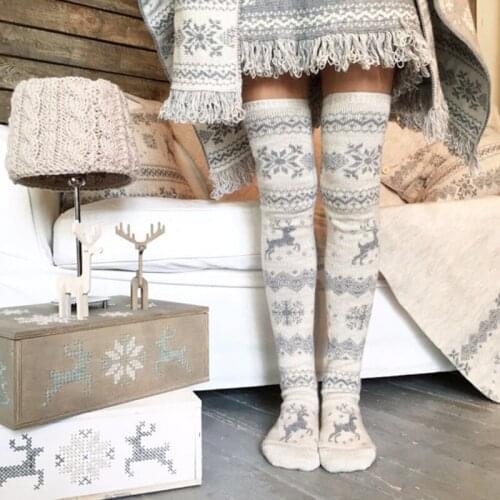 Women Christmas Snowflake Elk Socks Thigh High Long Stockings Autumn Winter Knitting Over Knee Warm Socks Xmas Knit Wool Sock