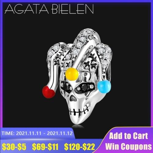 Top quality 925 Sterling Silver Evil clown skull Chrams CZ Beads fit europeu Women Bracelets Bangles DIY Jewelry Making