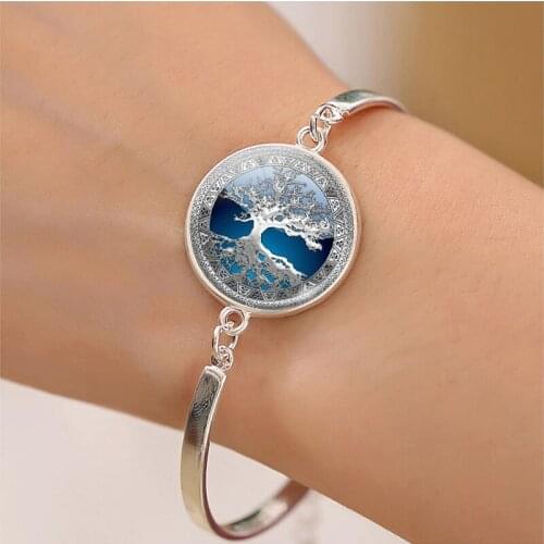 Women Fashion Tree of Life Charm Bracelet Glass Cabochon Jewelry Silver Plated Bangle Bohemian Bracelets