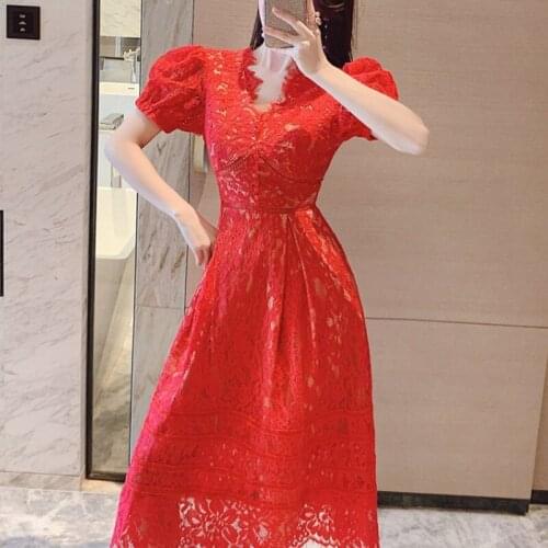 JSXDHK Designer Runway Summer Lace Dress Fashion Self Portrait Women Short Sleeve V Neck Red Hollow Out Hook Flower Party Dress