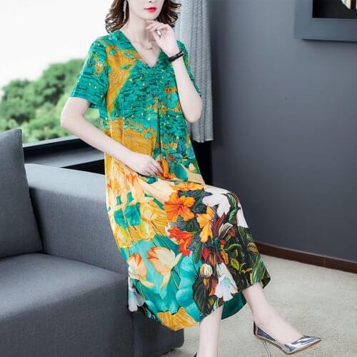 2021 Vintage Print Mulberry Silk Midi V-Neck Dress Summer Fashion 4XL Plus Size Runway Dress Elegant Women Bodycon Party Vestido