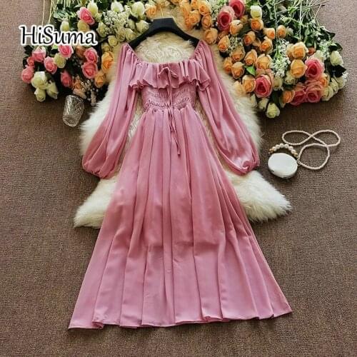 2021 spring new womens square neck lantern sleeve lace-up ruffles chiffon A-line dress female chic elegant waist dresses