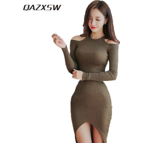QAZXSW Women Solid Spring Autumn Knitted Sweater Dress Full Sleeve Knee-Length Dress O-Neck Empire Vestido Pencil Dress YX196