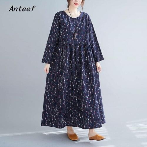 Long sleeve plus size cotton linen vintage floral for women casual loose spring autumn dress elegant clothes 2021 ladies dresses