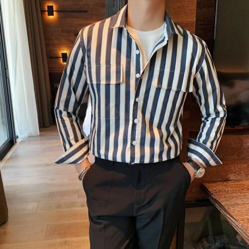 2021 100% pure cottn New style Male Spring leisure Long sleeve shirts/Mens slim fit High quality Striped shirt Tops S-3XL