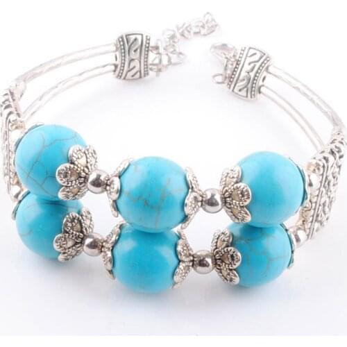 3Pcs Tibetan Silvers Vintage Bracelet Women Cuff Bracelets Turquoises gem Stone Round Beads Bangle Jewelry TZ066