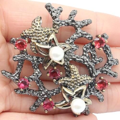 49x48mm Neo-Gothic Big Starfish 25g Created Rhodolite Garnet Aquamarine Smokey Topaz White Pearl Black Gold Silver Pendant