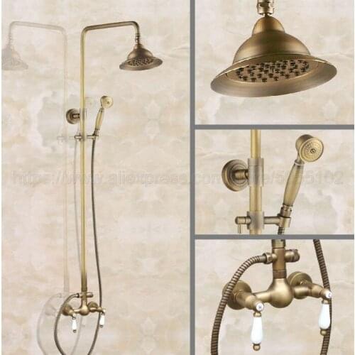 Antique Brass Rainfall Shower Set Faucet + Handheld Shower Wall Mounted 7" Rainfalll Showerhead zan115