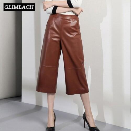 2020 High Waist Wide Leg Genuine Leather Pants Women Soft Lambskin Loose Real Leather Trousers Ladies Streetwear Casual Female