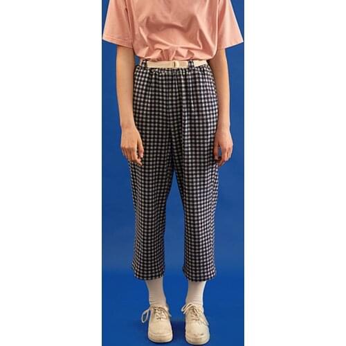 Casual Pants Blue Plaid Trouser High Waist Cute Letters Embroidery Women Ankle-length Pants Straight Loose Pants Summer New