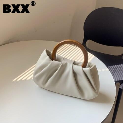 [BXX] Wood Handle PU Leather Pleated Bags For Women 2021 Summer Branded Shoulder Bag Handbags Trending Luxury Hand Bag HS591