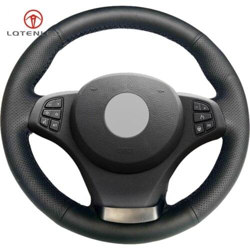 LQTENLEO Black Genuine Leather DIY Hand-stitched Car Steering Wheel Cover for BMW E83 X3 2003-2010 E53 X5 2000-2006