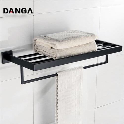 Double Towel Rack Black Storage Shelf 304 Stainless Steel Towel Bar Wall Mounted Storage Kitchen Holder Bathroom Accessories