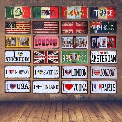 Italy/Mexico/Canada/France/Australia/London/Brazil Metal Tin Sign Poster Car License Plate Vintage Wall Art Home Bar Decor