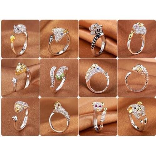Cute Animal Rings Fashion Charm Chinese Zodiac Two Tone Adjustable Jewelry Inlay Shiny Small Zircon Womens Birthday Party Gifts