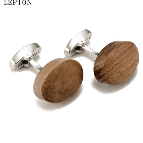 Hot Sale Lepton Walnut Wood Cufflinks For Mens High Quality Man Jewelry Round black walnut Cuff links Men Shirt Cuffs Cufflinks