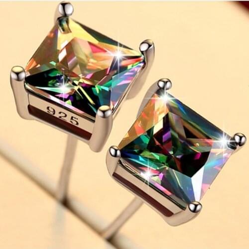 Everoyal Trendy Women Silver 925 Earrings For Men Jewelry Vintage Crystal Colorful Square Earrings Male Boy Party Accessories