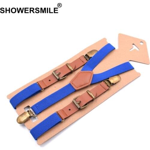 SHOWERSMILE Mens Leather Suspenders Blue Man Braces For Trousers Y Back Womens Wedding Business Pants Strap with 3 Clips 115cm