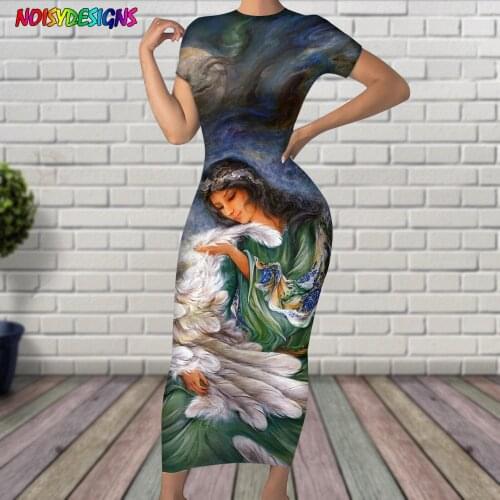 NOISYDESIGNS Angel Girls Painting Summer Thin Long Dress Vestidos Elegant Women Sexy Dress O-neck Short Sleeve ​Slim Maxi Dress