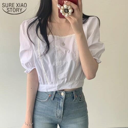 Square Collar Puff Sleeve Super Short Top Blusas Mujer Korean Clothes Chic Lace Stitching Short Sleeve Sweet Womans Shirt 10099