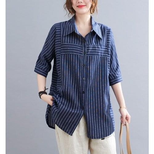Plus Size 5XL Womens Loose Elegant Striped Shirts Spring Summer Vintage Turn Down Collar Female Half Sleeve Cotton Tops Blouses