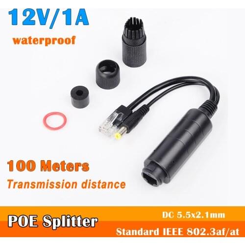 12V1A Waterproof PoE Splitter Adapter Injector Active POE connector IEEE802.3af 10/100M for IP Camera 5.5x2.1mm Connector