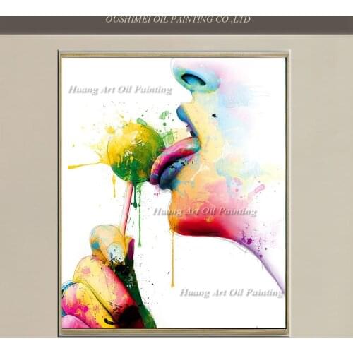 Hand Painted Modern Abstract Sexy Oil Painting Colorful Eat Lollipop Portrait Painting On Canvas For Room Wall Decor Art