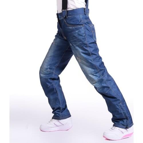 -30 Degree Thermal Jean Snowboard Pants Suspenders Denim Skiing Pants Winter Female Windproof Waterproof Snow Trousers