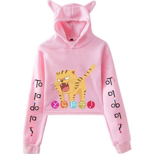 Toradora Aisaka Taiga Print Cat Cropped Hoodies Girl Long Sleeve Hooded Pullover Crop Tops Sweet Sexy Loose Tide