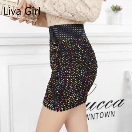 Sequin Skirts Sexy Hip Skirt for Women Party Elastic Skirts High Fashion Stretch Club Pencil Mini Black Skirt Skinny Skirt Lady
