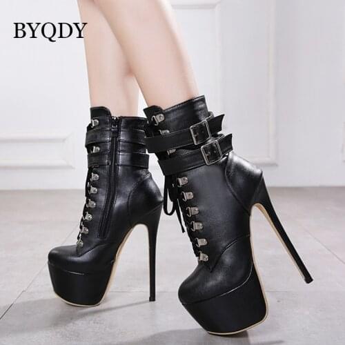 BYQDY Women Autumn Ankle Boots Sexy High Heels Platform Boots Round Toe Leather Booties Black Shoes Ladies Party Shoes New 2021
