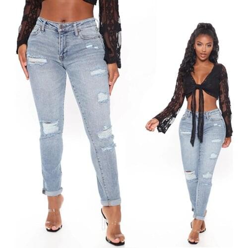 Women Jeans Wash Hole Elastic Flanging Mid Waist Tight Pencil Pants Sexy Hole Slim Light Color Denim Trousers джисы женские 2021