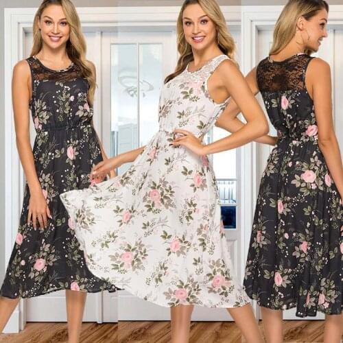 Womens Dresses Printed Lace Stitching Sleeveless Summer Dress Vintage Style O-neck Flora Print Casual Dress