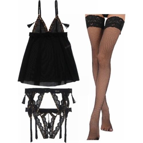 Women Lingerie Lace V Neck Sexy Sleepwear Strap Chemise Nightdress and Garter belt and Open Panties and Stockings