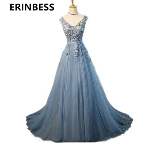 2019 Vestido De Festa Light Blue Prom Dresses New A Line V Neck Appliques Sashes Tulle Special Occasion Party Gowns